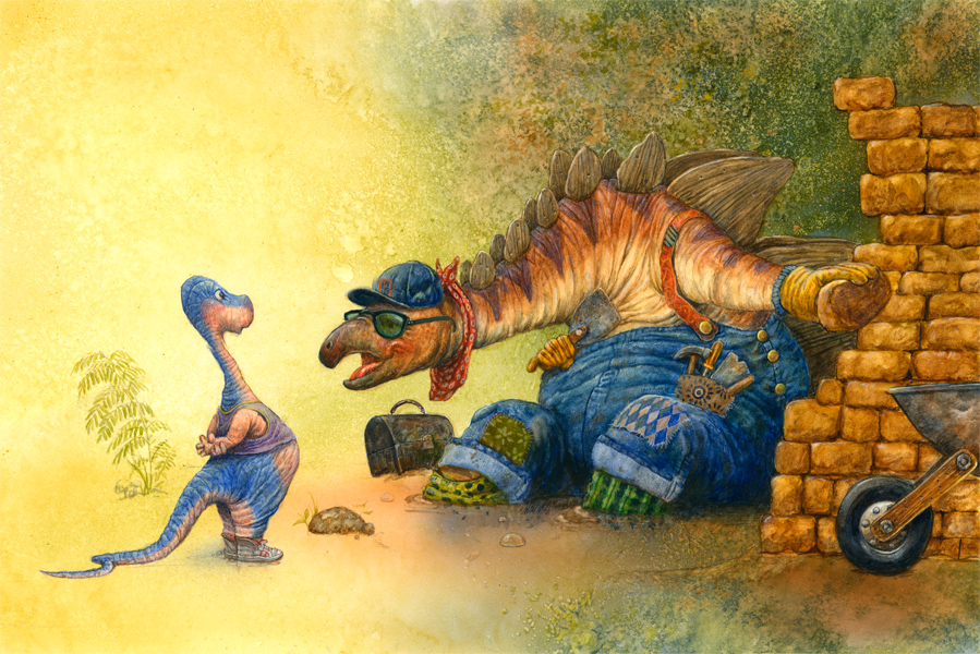 Art:  Stegosaur Sells Bricks  (a friendly stegosaurus sells bricks to a young brachiosaur).  Original painting by Jim Harris.